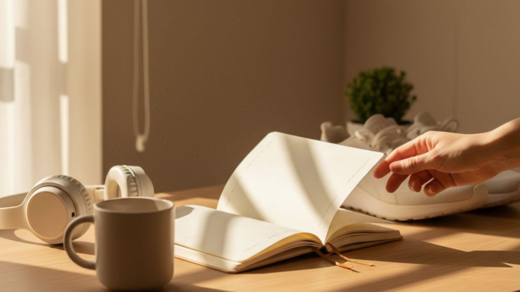 Offenes Notizbuch, Tasse Kaffee und eine Hand im warmen Morgenlicht – Symbol für Fokus, Achtsamkeit und kleine Routinen im Alltag, die Bewegung und Bewusstsein fördern.