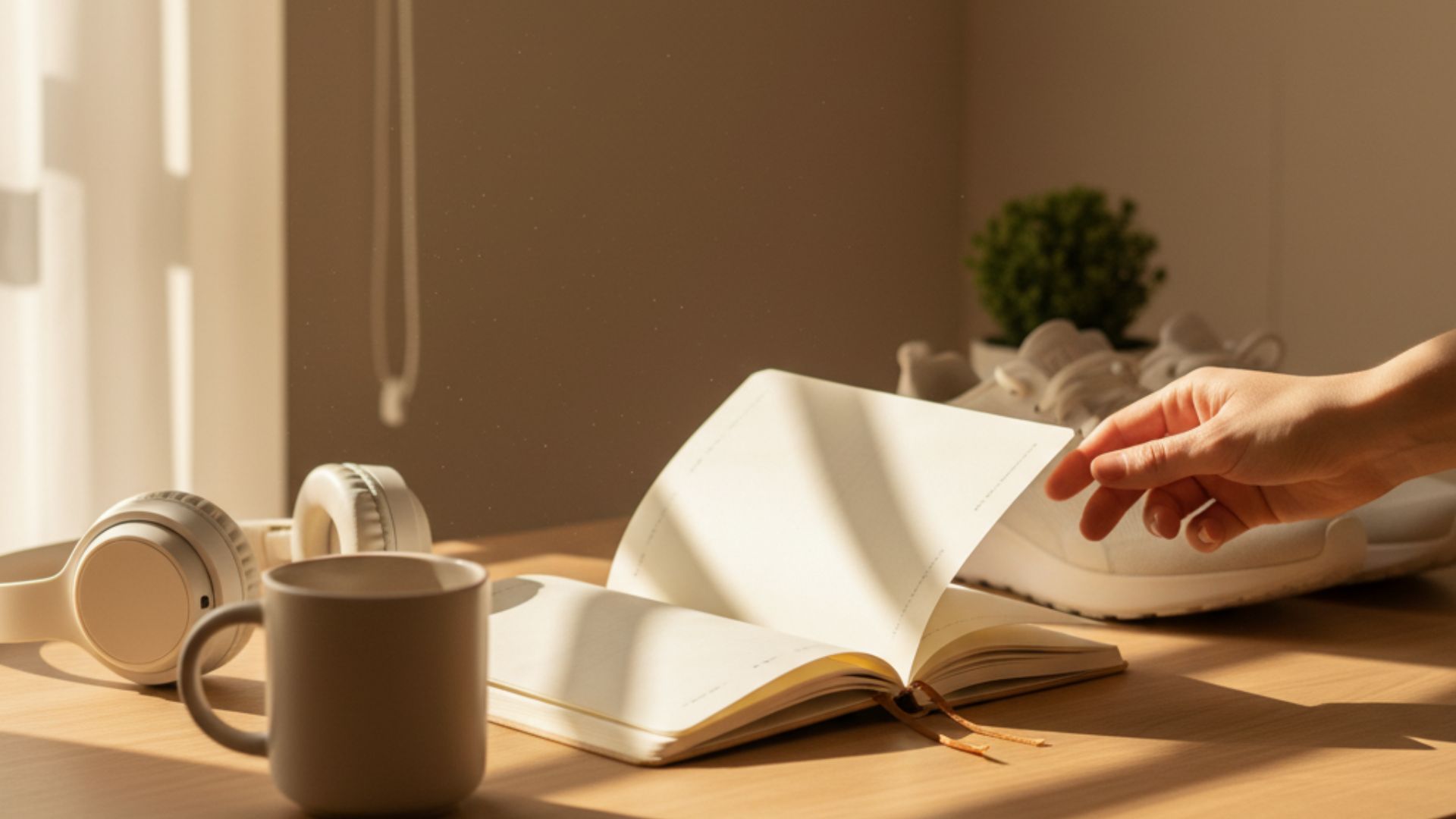 Offenes Notizbuch, Tasse Kaffee und eine Hand im warmen Morgenlicht – Symbol für Fokus, Achtsamkeit und kleine Routinen im Alltag, die Bewegung und Bewusstsein fördern.