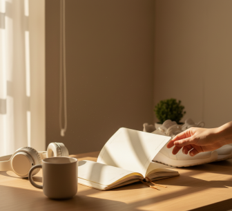 Offenes Notizbuch, Tasse Kaffee und eine Hand im warmen Morgenlicht – Symbol für Fokus, Achtsamkeit und kleine Routinen im Alltag, die Bewegung und Bewusstsein fördern.