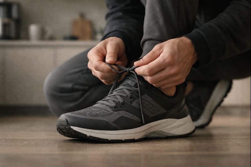 Person bindet schwarze Laufschuhe in modernem Innenraum vor dem Training