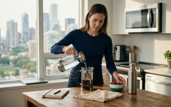 Frau bereitet Kaffee zu und demonstriert Nachhaltigkeit im Alltag durch smarte Micro-Habits wie eine wiederverwendbare Edelstahlflasche und Zero Waste Einkaufsnetze.