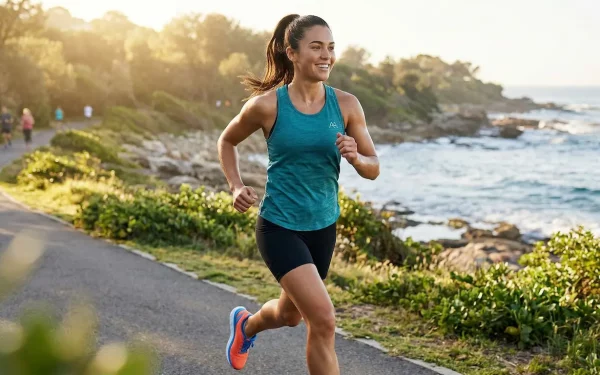 Sportliche Frau in blauem Tanktop und schwarzer Shorts läuft auf einem asphaltierten Weg am Meer entlang.