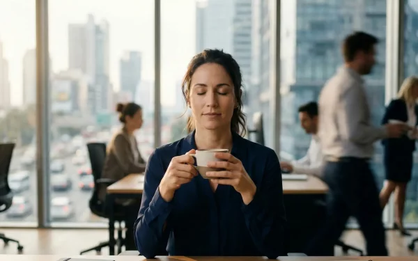Frau nutzt Achtsamkeit im Alltag bei einer Kaffeepause im stressigen Büro für mehr mentale Klarheit und Fokus.