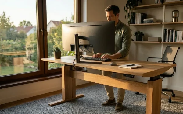 Mann tippt stehend an einem höhenverstellbaren Schreibtisch im Home-Office – die perfekte Basis für das NEAT-System und unsichtbare Bewegung am Schreibtisch.