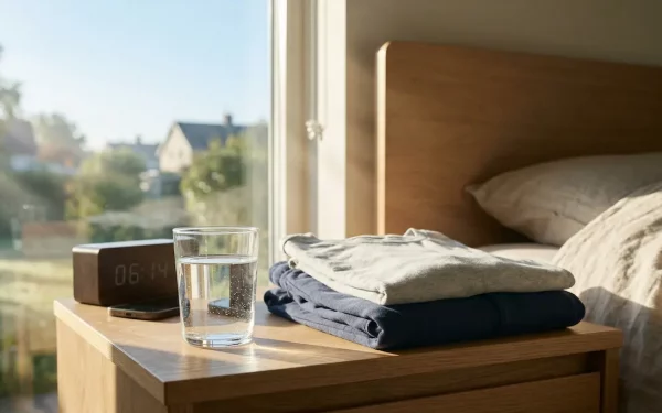 Ein aufgeräumter Nachttisch mit einem Glas Wasser im morgendlichen Sonnenlicht als Vorbereitung für eine einfache Morgenroutine bei Depression.