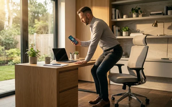 Mann telefoniert stehend an seinem Schreibtisch im Home-Office – ein perfektes Beispiel, um NEAT-Aktivitäten (Pacing) gezielt als Bewegung in den Alltag zu integrieren.