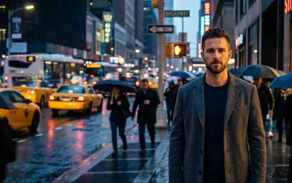 Ein Mann mit kurzem Bart und grauem Mantel steht im Vordergrund einer belebten, regnerischen Straße in New York City bei Dämmerung, umgeben von gelben Taxis und Passanten mit Regenschirmen.