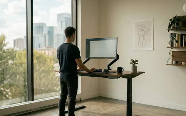 Ergonomie am Arbeitsplatz: Übungen und Arbeiten am Stehschreibtisch ohne Stuhl für eine gesunde Körperhaltung.