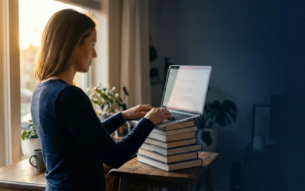 0-Euro-Setup gegen Rückenschmerzen im Homeoffice: Frau steht aufrecht an einer Kommode und nutzt einen Bücherstapel als ergonomische Laptop-Erhöhung.