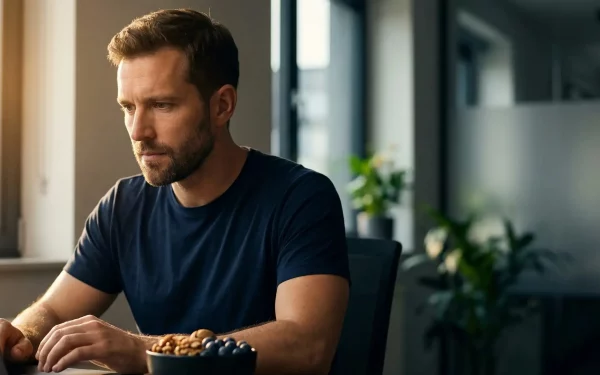 Gehirnfutter gegen Brain Fog: Ein Mann arbeitet hochkonzentriert am Laptop und nutzt eine Schale mit Walnüssen und Blaubeeren als natürliche Nervennahrung auf dem Schreibtisch.