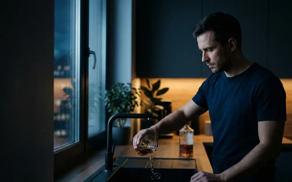 Schlechte Angewohnheit Beispiele: Ein entschlossener Mann steht abends in der Küche und schüttet ein Glas Alkohol in den Ausguss, um sein toxisches Verhaltensmuster aktiv zu durchbrechen.