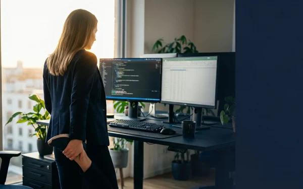 Frau führt 5 Minuten Übungen fürs Büro am Stehschreibtisch aus – effektive Bürogymnastik zur Mobilisation am Arbeitsplatz.