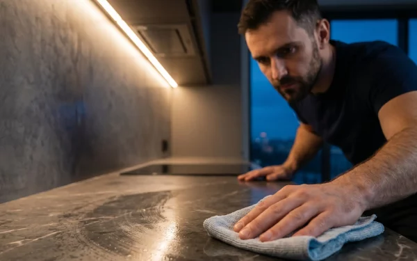 Tägliche Aufgaben im Haushalt: Ein fokussierter Mann wischt beim abendlichen Daily Reset konzentriert die Küchenarbeitsplatte ab – ein Symbol für effiziente Putzroutinen und Disziplin.