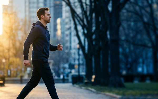 Abnehmen durch Spazieren: Ein sportlicher Mann geht zügig durch einen Park am Morgen, um den Kalorienverbrauch durch tägliches Gehen zu maximieren und konstant Körperfett zu verbrennen.