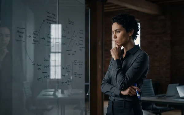 Ein fokussierter High-Performer analysiert strategische Optionen an einem Glas-Whiteboard – die Anwendung der 10-10-10 Methode, um klare Entscheidungen zu treffen.