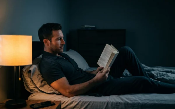 Mann etabliert eine gesunde Schlafroutine: Er liest abends im Bett ein Buch bei warmem Licht, während das Smartphone ungenutzt auf dem Nachttisch liegt.