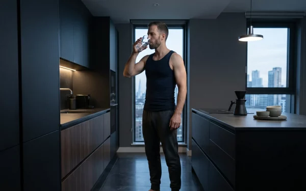 Mann trinkt nach dem Aufstehen ein Glas Wasser in der Küche – der erste Hebel der Morgenroutine, um Cortisol zu spülen und Stress am Morgen zu beenden.
