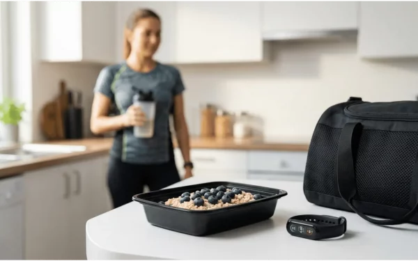 Eine geöffnete Meal-Prep-Dose mit Haferflocken und Blaubeeren als ideales Essen vor dem Training, daneben liegt eine Sporttasche griffbereit.