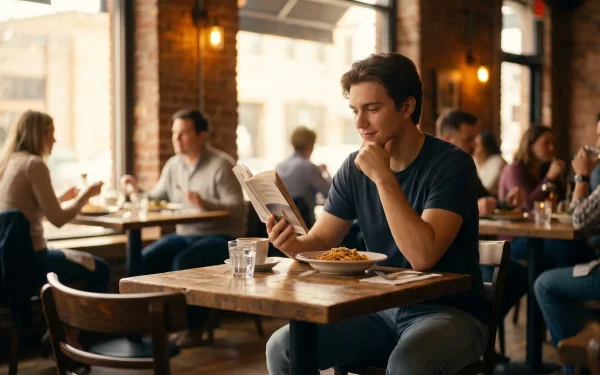 Ein junger Mann sitzt entspannt an einem kleinen Tisch im Restaurant und liest ein Buch. Wer alleine essen gehen will, kämpft oft mit Overthinking und der Angst vor komischen Blicken – doch genau dieses Aushalten am Einzeltisch stärkt das Selbstbewusstsein enorm.