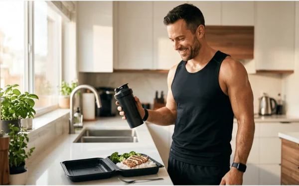 Ein sportlicher Mann steht in der Küche und hält einen Protein-Shaker neben einer vorbereiteten Post-Workout-Mahlzeit mit Reis und Hähnchen.