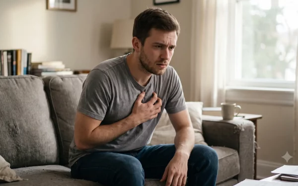 Ein Mann sitzt sichtlich angespannt auf dem Sofa und greift sich mit besorgtem Gesichtsausdruck an die Brust. Das Foto visualisiert die physischen Symptome von Herzrasen, akutem Stress und innerer Unruhe im Alltag, wenn der Körper auf Fight-or-Flight schaltet.