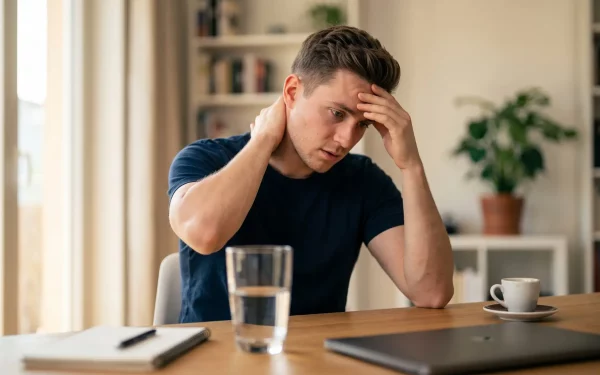 Ein unruhiger junger Mann sitzt am Schreibtisch und reibt sich angespannt den Nacken. Vor ihm stehen eine weggeschobene Espressotasse und ein großes Glas Wasser, um akute zu viel Koffein Symptome wie Herzrasen und innere Unruhe abzufedern.