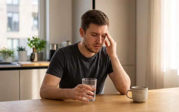 Ein Mann sitzt mit leichten Kopfschmerzen durch einen Koffein Entzug an einem Küchentisch und hält ein Glas Wasser, während die leere Kaffeetasse im Hintergrund steht.