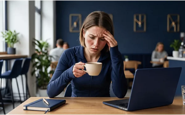 Frau leidet an Symptomen einer Koffein-Unverträglichkeit und hält sich mit Unwohlsein den Kopf, während sie eine Tasse Kaffee in der Hand hält.