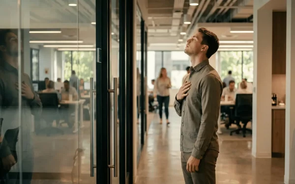 Ein junger Mann atmet tief durch, bevor er ein Büro betritt. Wer seine Komfortzone verlassen will, braucht keine extremen Sprünge ins kalte Wasser, sondern kontrollierte Alltagsreize.