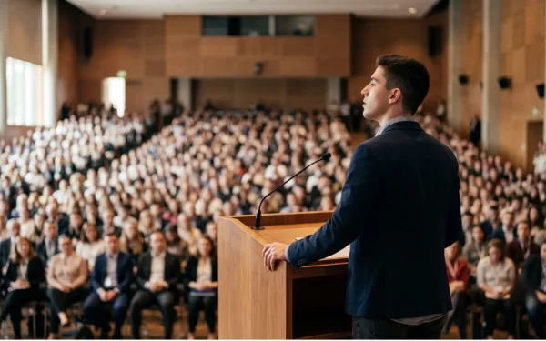 Rückansicht eines jungen Mannes an einem Rednerpult, der vor einem großen Publikum tief durchatmet, um sein akutes Lampenfieber und den Stress vor der Präsentation zu überwinden.