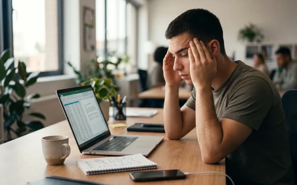 Junger Mann sitzt erschöpft und gestresst am Schreibtisch und reibt sich die Schläfen. Wer inneren Druck abbauen und seinen Perfektionismus ablegen will, muss lernen, dieses zwanghafte Overthinking im Alltag zu stoppen.