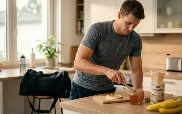 Ein sportlicher junger Mann steht in der Küche und bestreicht schnell eine Reiswaffel mit Honig als leichten Pre Workout Snack vor dem Training.