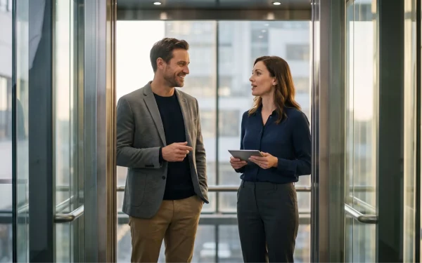 Zwei Arbeitskollegen unterhalten sich entspannt und lächelnd in einem modernen Glasaufzug. Mit den richtigen Small Talk Themen lässt sich peinliches Schweigen im Alltag souverän vermeiden.