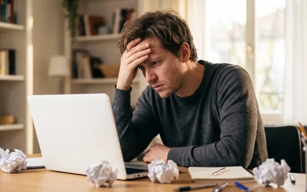 Ein gestresster Mann reibt sich frustriert die Stirn vor einem leeren Laptop, blockiert durch Overthinking und akute Versagensangst vor dem nächsten Projekt.