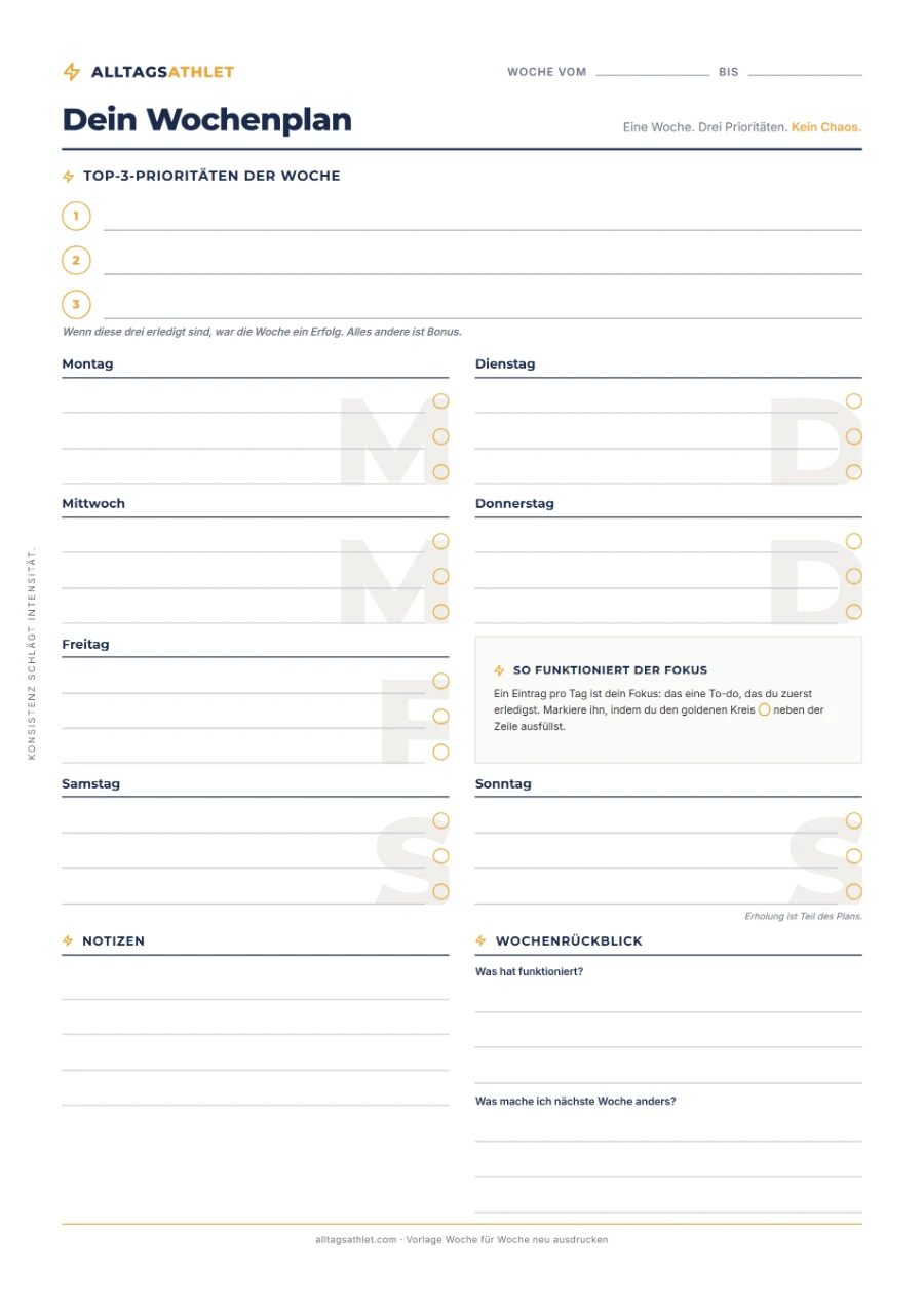 Wochenplan Vorlage mit Notizen: freie Notizen-Spalte statt Habit-Tracker