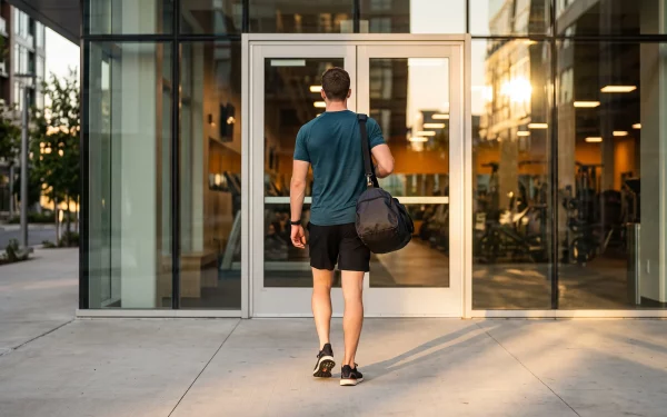 Ein sportlich gekleideter Mann mit Trainingstasche über der Schulter betritt ein Fitnessstudio – mit einem effizienten Ganzkörper Trainingsplan reichen zwei dieser Besuche pro Woche für maximalen Muskelaufbau.