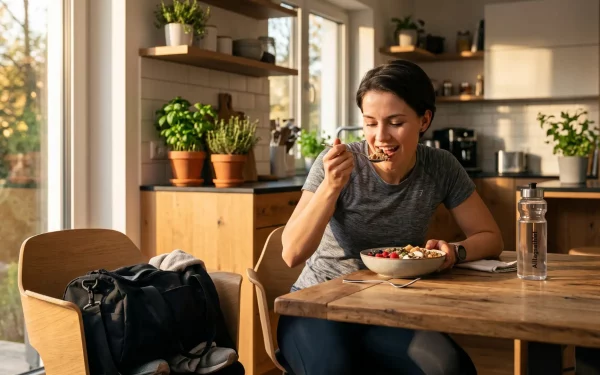 Eine sportliche Person isst konzentriert ihre gesunde Pre-Workout-Mahlzeit – das richtige Nährstoff-Timing vor dem Training verhindert einen Leistungsabfall und schützt die Muskulatur.