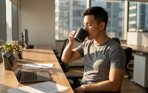 Ein junger Mann trinkt im Nachmittagstief erschöpft einen Kaffee am Schreibtisch – ein typischer Fehler, da die lange Wirkdauer von Koffein abends oft zu Schlafproblemen führt.