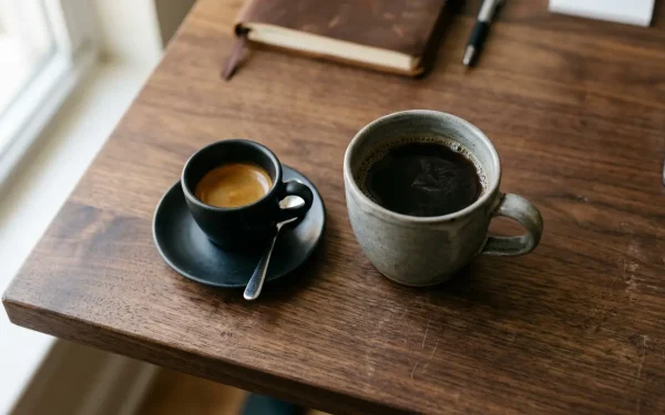Eine kleine Tasse Espresso und ein großer Becher Filterkaffee auf einem Schreibtisch im direkten Vergleich, um zu zeigen, wie viel Koffein Kaffee hat.
