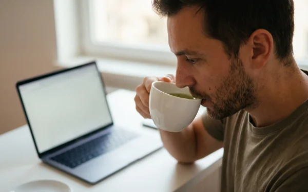 Ein fokussierter Mann trinkt an seinem Schreibtisch vor dem Laptop aus einer weißen Tasse. Er nutzt Grüner Tee Koffein, um sein Nachmittagstief zu überwinden und ohne zittrigen Crash konzentriert zu arbeiten.
