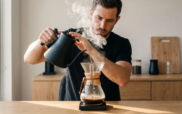 Ein fokussierter Mann brüht am Schreibtisch aktiv einen frischen Kaffee mit einer Handfilter-Kanne auf. Die ideale Routine, wenn man sich fragt, ob entkoffeinierter Kaffee gesund ist und man die Chemie-Falle beim Decaf vermeiden will.