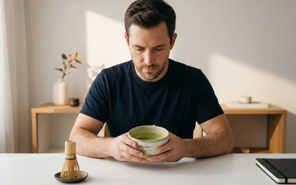 Nahaufnahme von Händen, die leuchtend grünen Matcha mit einem Bambusbesen (Chasen) in einer Keramikschale schaumig schlagen. Im unscharfen Hintergrund steht ein Laptop am Schreibtisch. Die Szene zeigt die Zubereitung von Matcha für mentalen Fokus ohne den typischen Kaffee-Crash am Morgen.