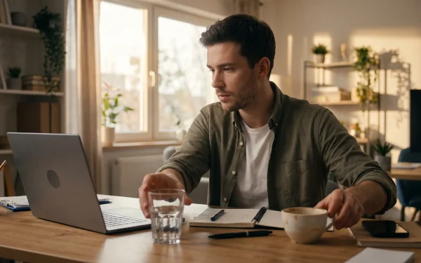 Ein fokussierter Mann am Schreibtisch, der seine Kaffeetasse bewusst zur Seite schiebt und stattdessen zum Wasser greift. Wer weiß, wie viel Koffein am Tag für den eigenen Körper wirklich gesund ist, schützt sich mit dieser harten Grenze aktiv vor dem Crash am Nachmittag und einem ruinierten Tiefschlaf.